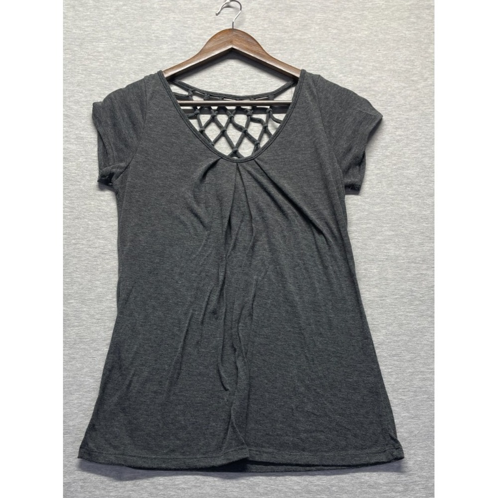 Nollie Blouse Top Womens XL Dark Gray Stretch Scoop Neck Cap Sleeve Caged Back